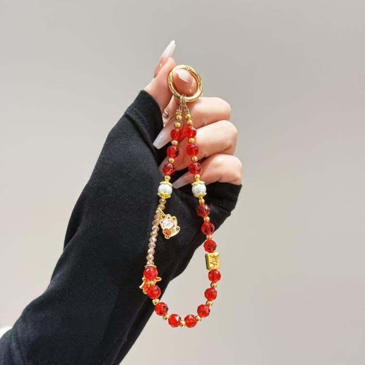 Fortune Red Crystal Phone Chain, Lucky Cat, God Of Wealth, Fu Word