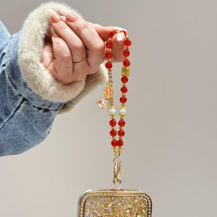 Fortune Red Crystal Phone Chain, Lucky Cat, God Of Wealth, Fu Word