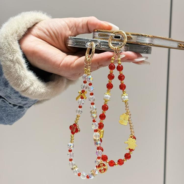 Fortune Red Crystal Phone Chain, Lucky Cat, God Of Wealth, Fu Word