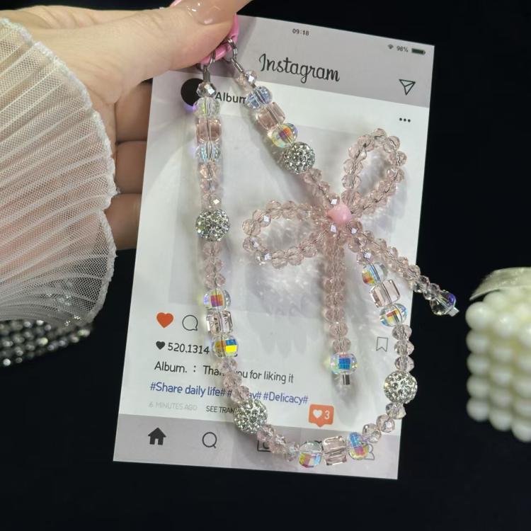 Luminous Round Bead Double Chain Phone Chain, Black, Star White, Yellow, White Rhinestones, White, Pink