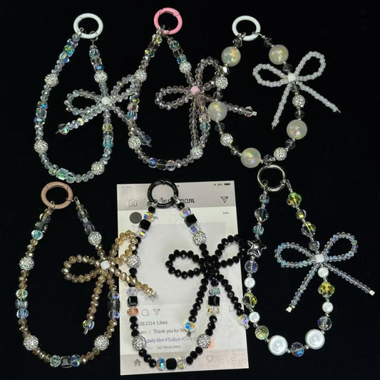 Luminous Round Bead Double Chain Phone Chain, Black, Star White, Yellow, White Rhinestones, White, Pink