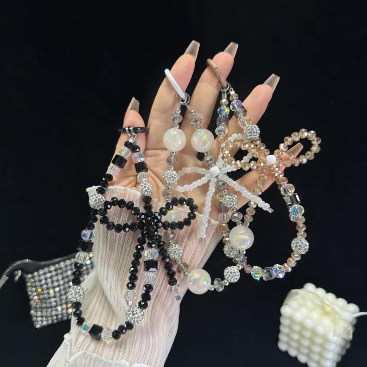 Luminous Round Bead Double Chain Phone Chain, Black, Star White, Yellow, White Rhinestones, White, Pink