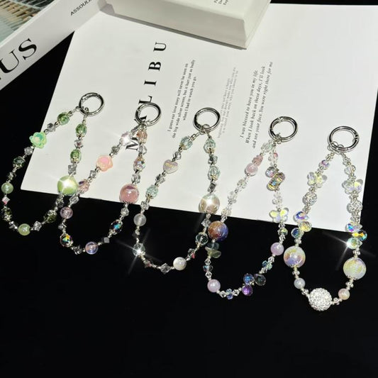 Heidi Bead Mobile Phone Chain, Orange, Pink, Green, Butterflies with colored beads, Dough