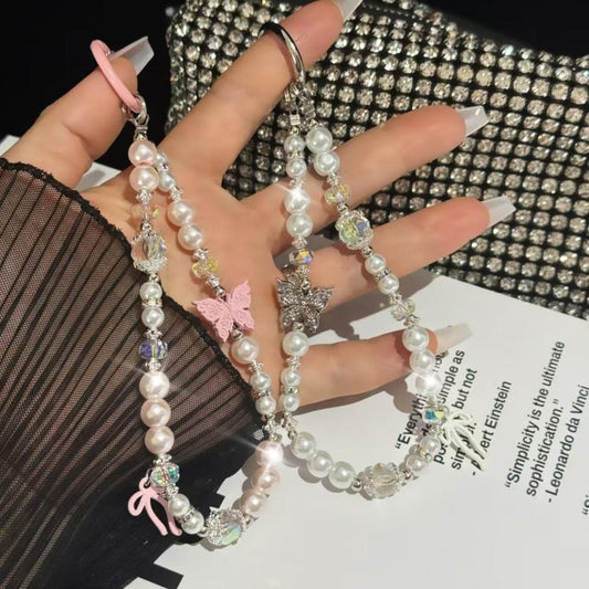 Diamond-Encrusted Pearl Butterfly Phone Chain