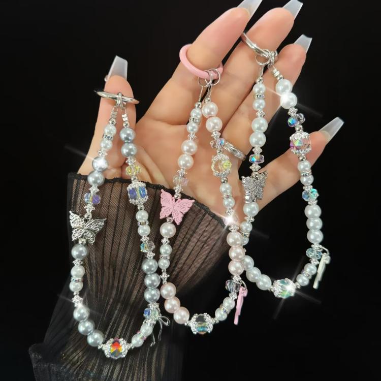 Diamond-Encrusted Pearl Butterfly Phone Chain