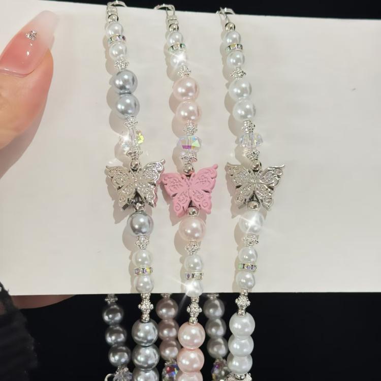 Diamond-Encrusted Pearl Butterfly Phone Chain