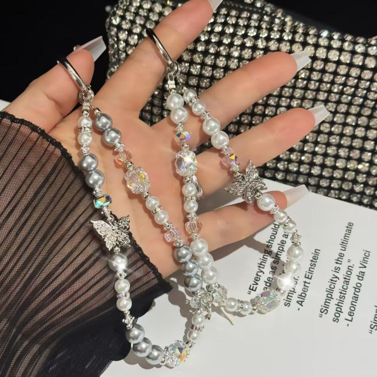 Diamond-Encrusted Pearl Butterfly Phone Chain