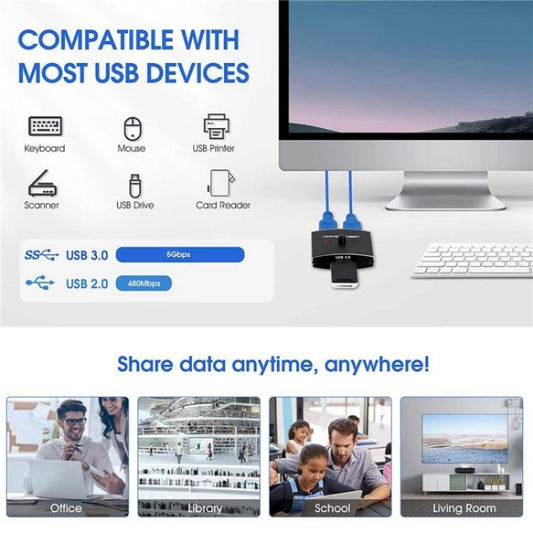 U3 USB Drive Printer Sharing Splitter USB 3.0 Bidirectional Switch 1 Input 2 Output Hub