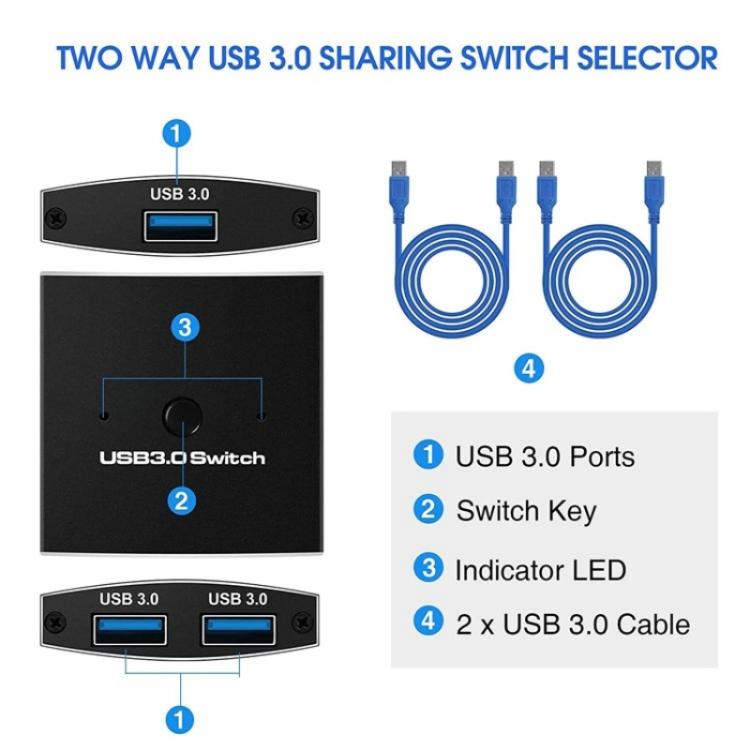 U3 USB Drive Printer Sharing Splitter USB 3.0 Bidirectional Switch 1 Input 2 Output Hub