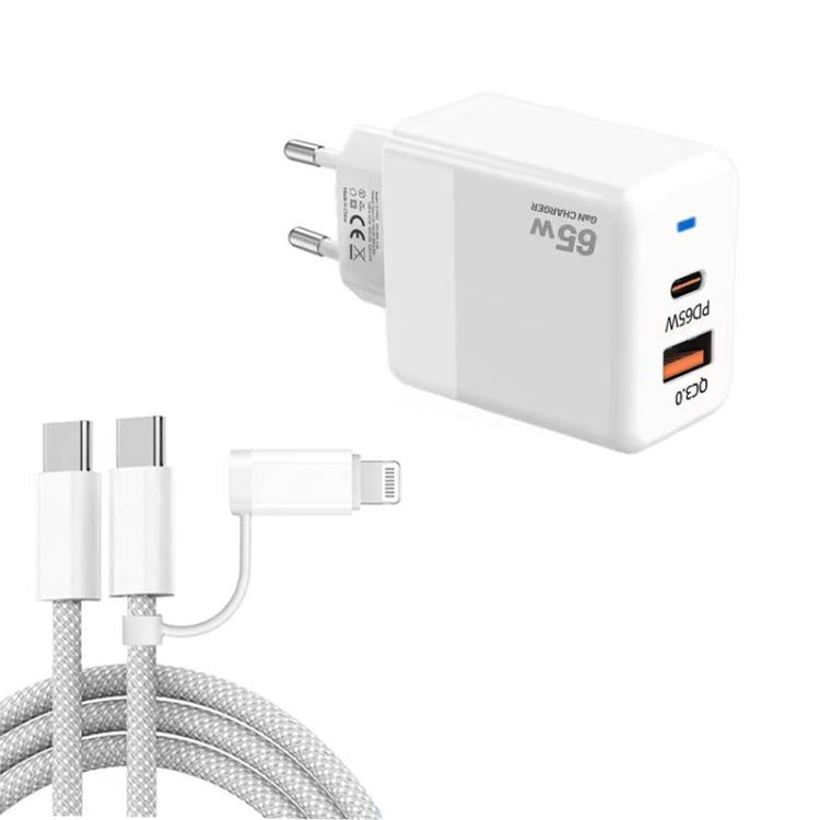 PD41 GaN PD 45W + USB Charger with USB-C to USB-C / 8 Pin Data Cable for iPhone, EU Plug, EU Plug
