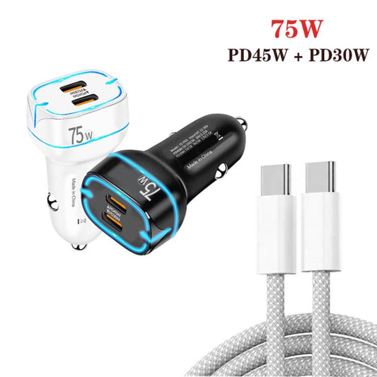 PD45W + PD30W Dual Port Type-C Car Charger with USB-C to USB-C Data Cable, P65 with USB-C Cable(Black), P65 with USB-C Cable(White)