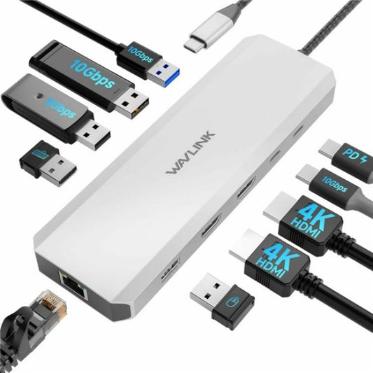 WAVLINK UMD309 Dual HD PD100W 10Gbps USB-A USB-C Docking Station 10 in 1 HUB, UMD309