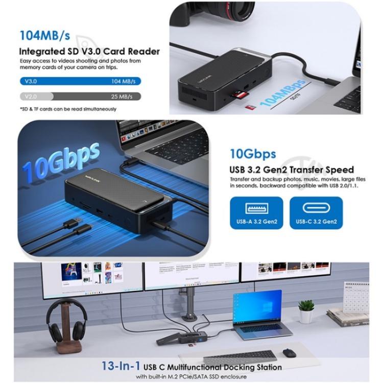 WAVLINK UMD23M For Laptop Tablet 13 in 1 USB-C Hub 10Gbps M.2 Pcie / SATA SSD Enclosure, UMD23M