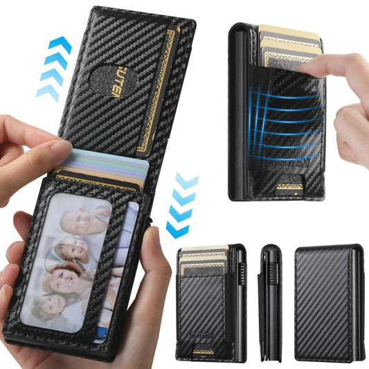 La boîte à cartes à bande élastique à éjection automatique avec bouton à motif en fibre de carbone Suteni