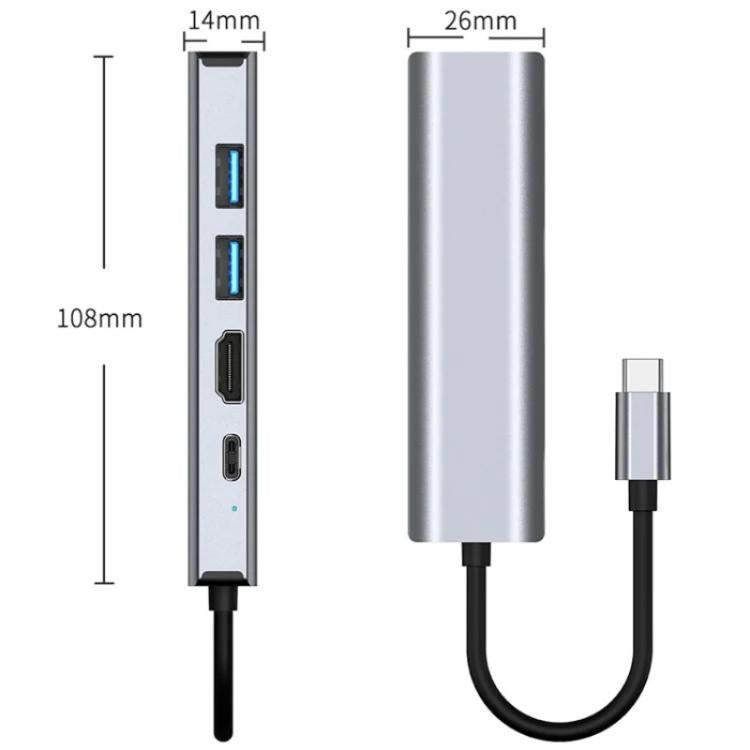 2403 Type-C to 100M RJ45 USB3.0 USB2.0 4K / 30Hz HD PD100W Adapter 5-in-1 USB Hub, 2403