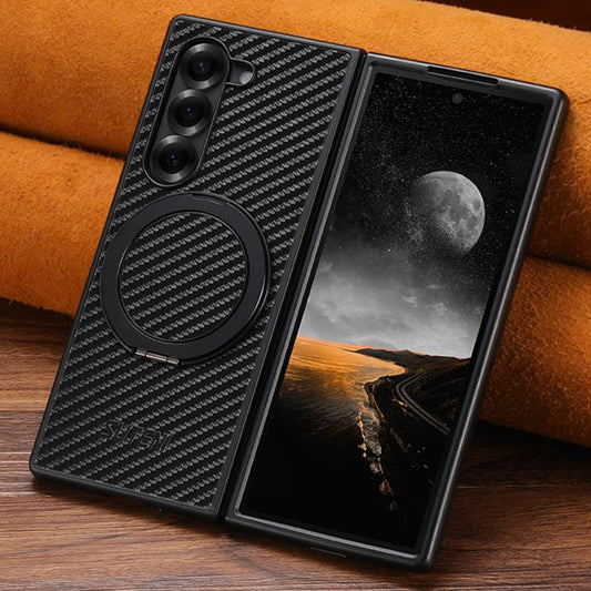 Suteni G3 Carbon Fiber Leather 360 Rotation Holder MagSafe Phone Case, For Galaxy Z Fold8 Ultra 5G, For Galaxy Z Fold7 5G, For Galaxy Z Flip7 5G, For Galaxy Z Flip6, For Galaxy Z Fold6, For Galaxy Z Fold5, For Galaxy Z Flip5