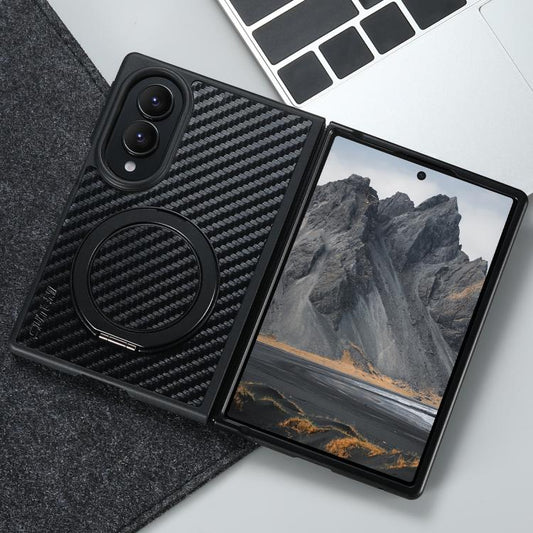 Suteni G3 Carbon Fiber Leather 360 Rotation Holder MagSafe Phone Case, For Galaxy Z Fold8 5G, For Galaxy Z Fold8 Ultra 5G, For Galaxy Z Fold7 5G, For Galaxy Z Flip7 5G, For Galaxy Z Flip6, For Galaxy Z Fold6, For Galaxy Z Fold5, For Galaxy Z Flip5