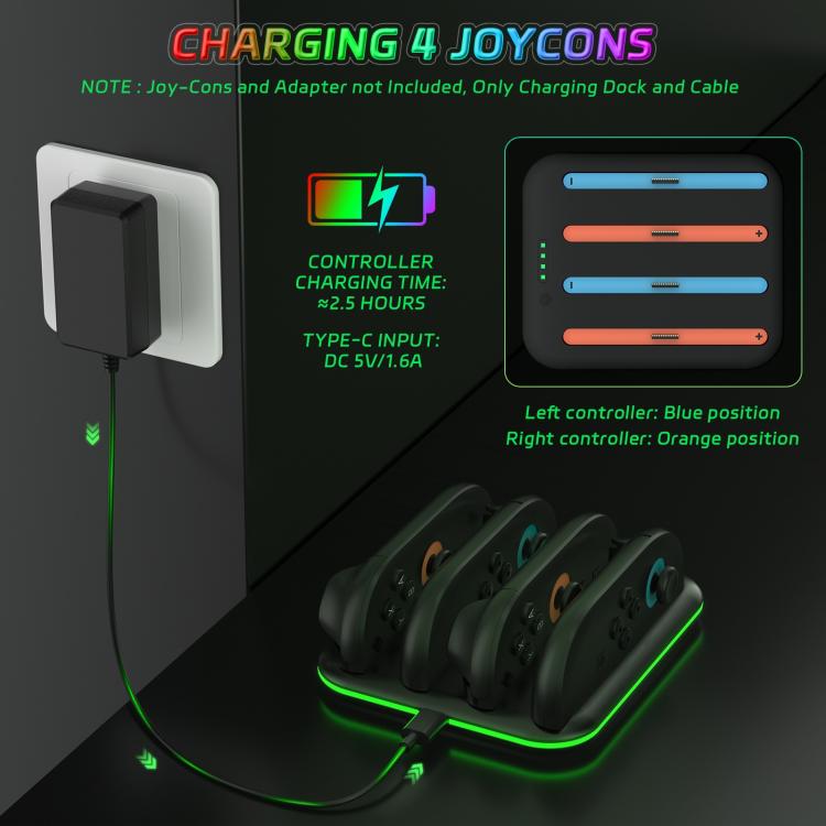 Game Handle 4 Seat Horizontal Charging Cradle With RGB Dazzling Lights, For Nintendo Switch 2