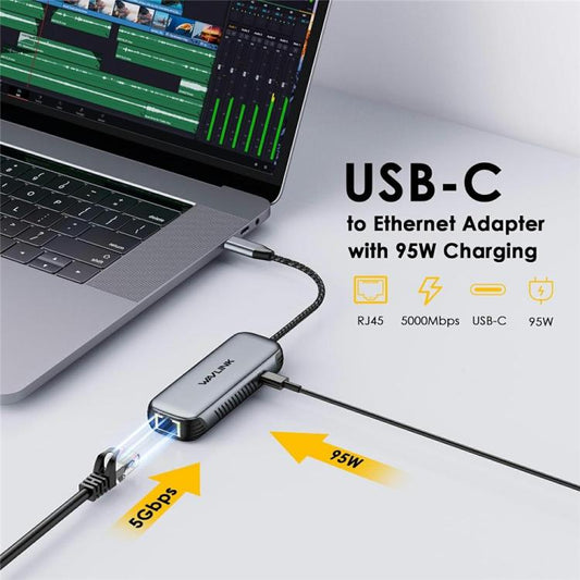 WAVLINK NWU340GD With 95W Charging Port 5Gbps USB-C to RJ45 Ethernet Adapter Converter, NWU340GD