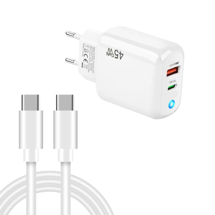 TE-PD45 GaN 45W PD3.0 / Type-C + USB 3.0 Charger with Type-C to Type-C Data Cable, EU Plug