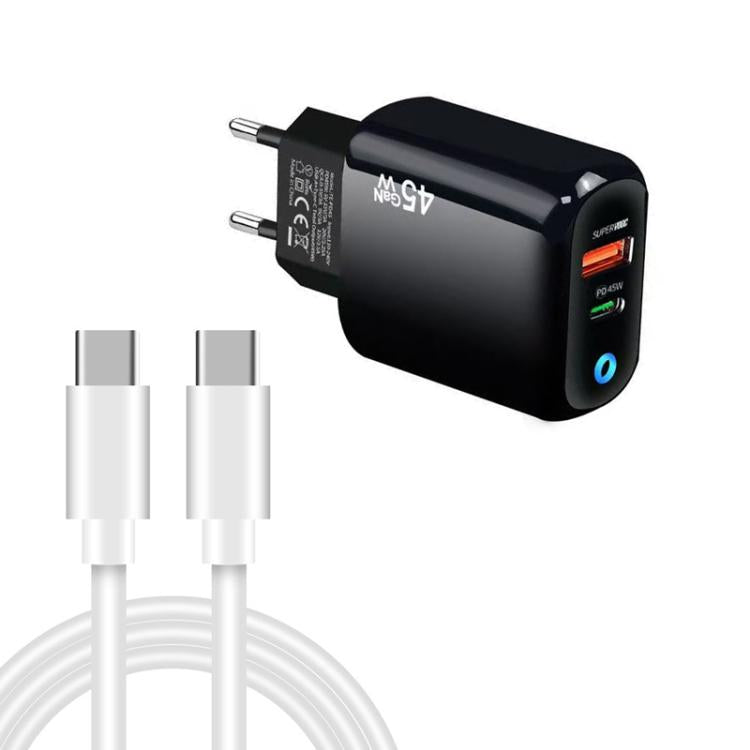 TE-PD45 GaN 45W PD3.0 / Type-C + USB 3.0 Charger with Type-C to Type-C Data Cable, EU Plug
