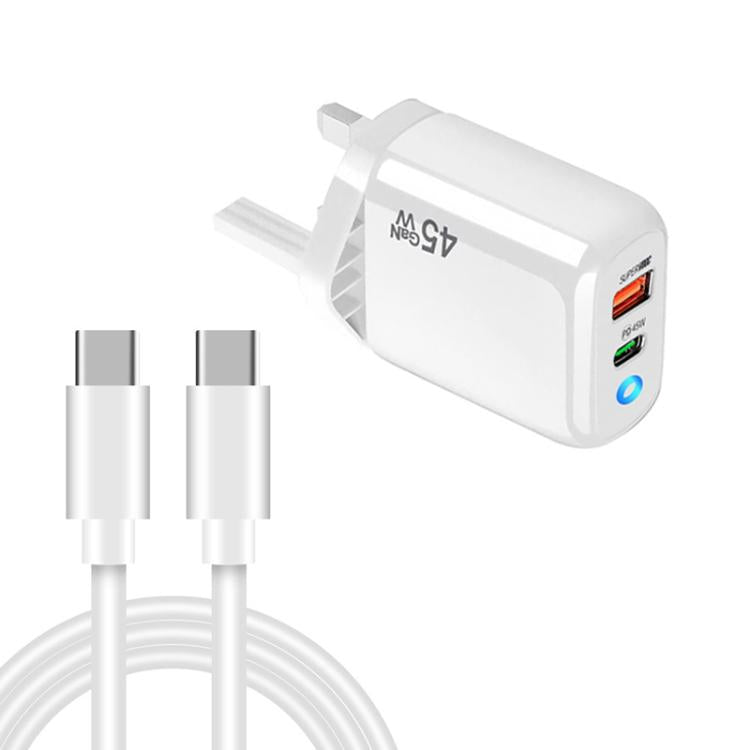 TE-PD45 GaN 45W PD3.0 / Type-C + USB 3.0 Charger with Type-C to Type-C Data Cable, UK Plug
