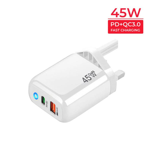 TE-PD45 GaN 45W PD3.0 / Type-C + USB 3.0 Charger with Type-C to Type-C Data Cable, UK Plug