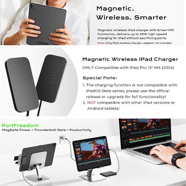 For iPad Pro 13 2025 Fast Charging Smart PIN Magnetic Charger Wireless Charging Pad with Type-C Cable, For iPad Pro 13 2025