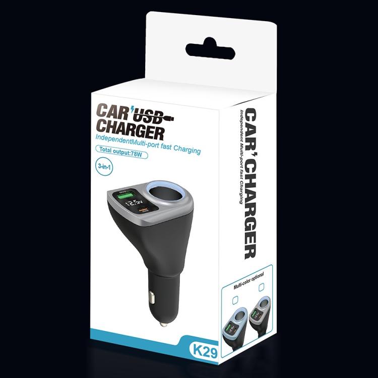 K29 3 in 1 Cigarette Lighter Socket Splitter Fast Charging Digital Display Car Charger