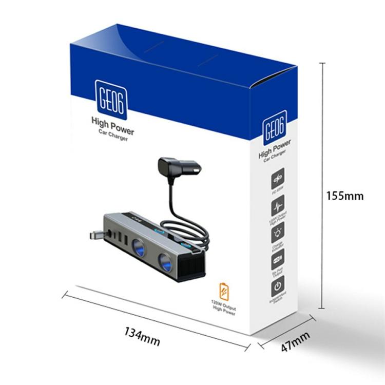 GE06 PD 65W Fast Charging Retractable Cable Voltage Display 120W Car Cigarette Lighter Splitter Adapter