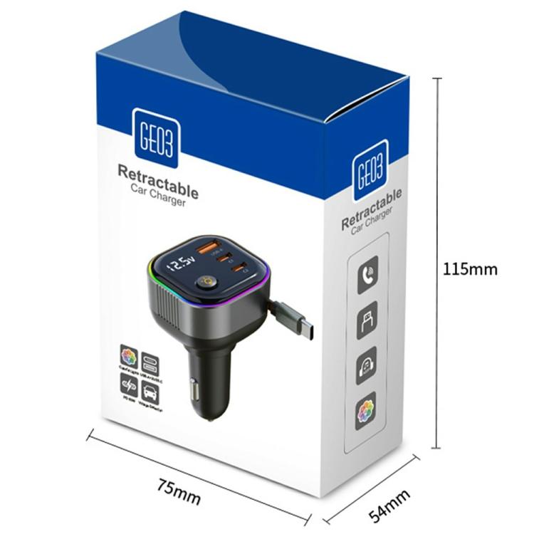 GE03 PD 65W Fast Charging Adapter Retractable Cable and Ambient Light Voltage Display Car Charger