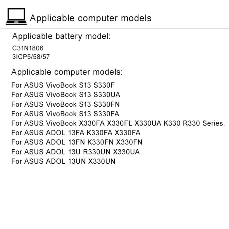 Batterie d'ordinateur portable de remplacement 3500 mAh pour ASUS Idol 13ADOL13U/F S330FA/UA X330FA, C31N1806