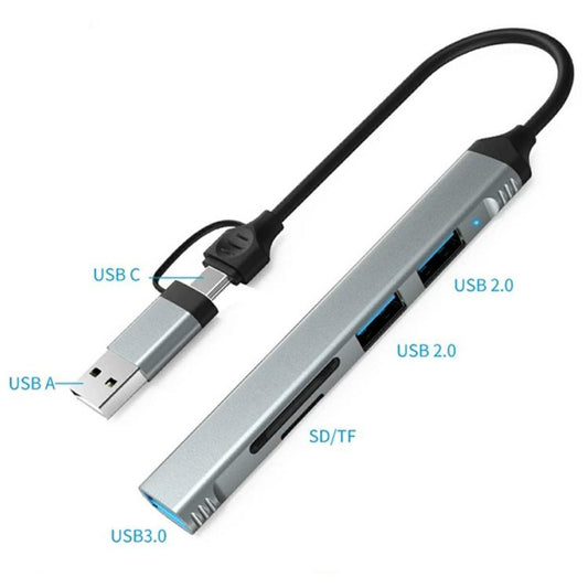 HC-77A USB-C / USB-A to USB 3.0 / 2.0 SD TF Card Reader 5 in 1 Aluminum Alloy Expansion Hub, HC-77A