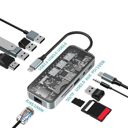 HC-87 10 in 1 USB-C Hub Gigabit Ethernet 4K HD PD 100W Charging Multi-Port Adapter, HC-87