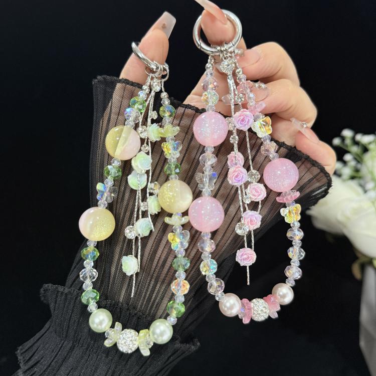 Rose Glass Bead Crystal Phone Chain, Green, Pink, Purple, Blue