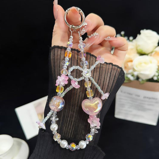 Bow Heart Iridescent Quicksand Crystal Phone Charm, Purple, Pink, Blue