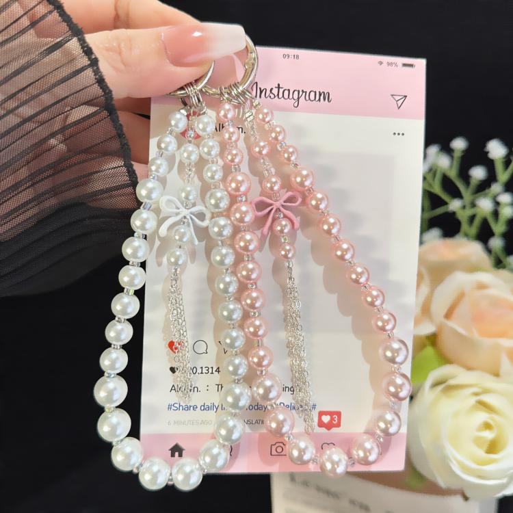 Alloy Bow Tassel Pearl & Crystal Chain, White, Pink