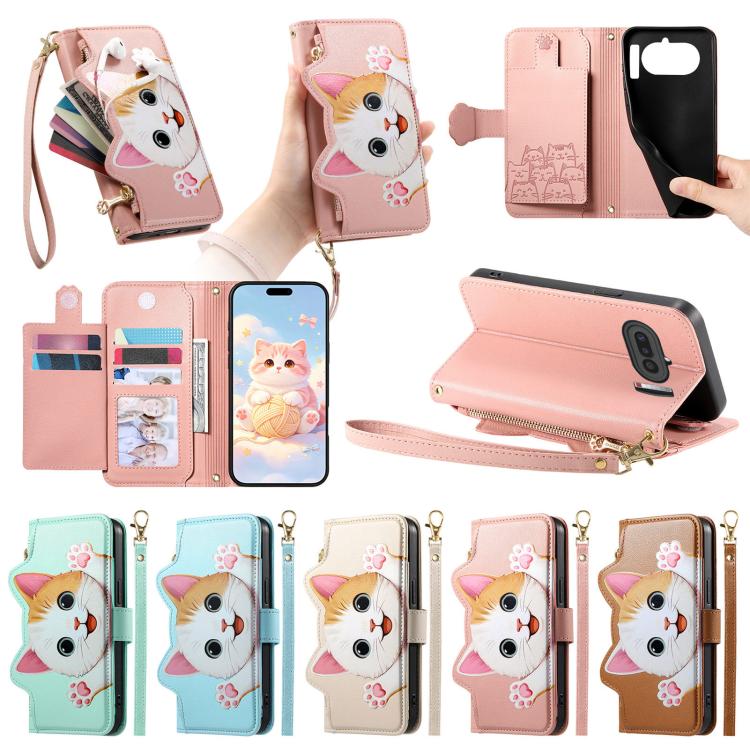 Cat-shaped Zipper Wallet Vegan Leather Phone Case with Strap, For Nothing Phone 4a