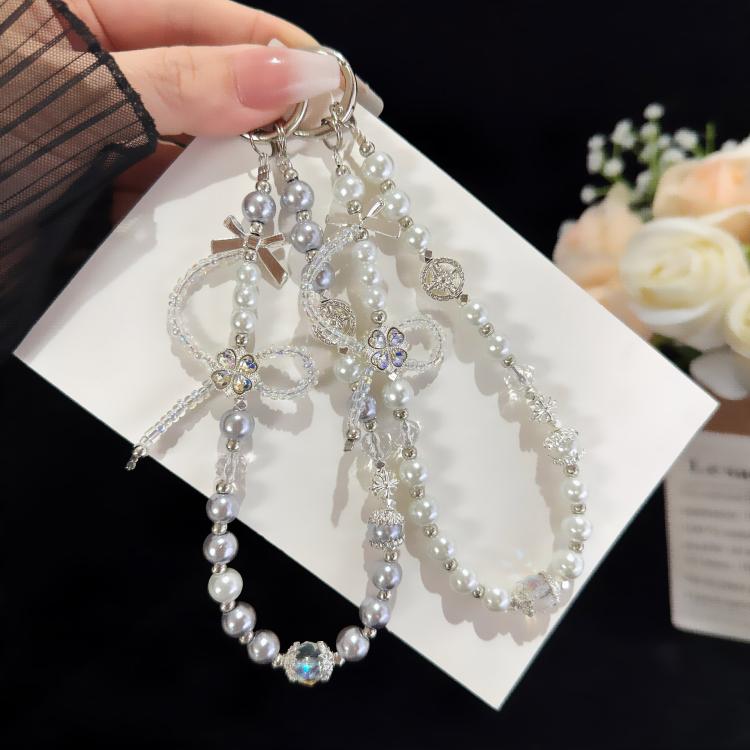 Cross Four-Leaf Clover Pearl Crystal Chain, White, Grey