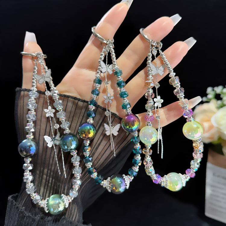 Silver Butterfly Tassel Iridescent Crystal Phone Charm, Green, White, Iridescent