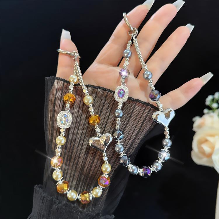 Silver Heart Square Rhinestone Iridescent Bead Crystal Chain, Golden, Black