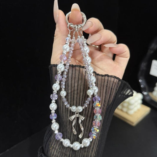 Silver Bow Pearl Double Layer Crystal Chain, Blue, Purple, Pink