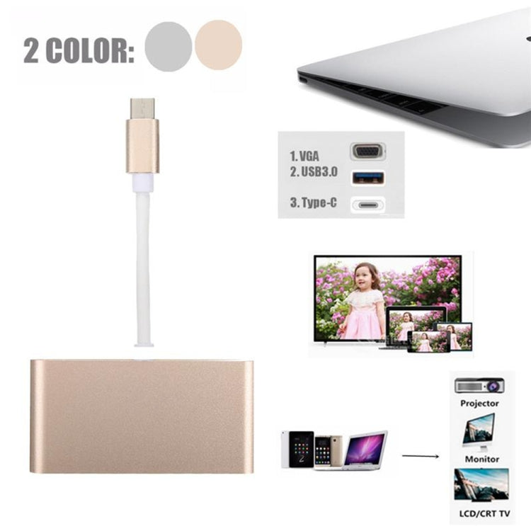 USB Type C to VGA 3-in-1 Hub Adapter supports USB Type C tablets and laptops for Macbook Pro / Google ChromeBook, VGA+USB3.0 to Type-C Gold, VGA+USB3.0 to Type-C Silver
