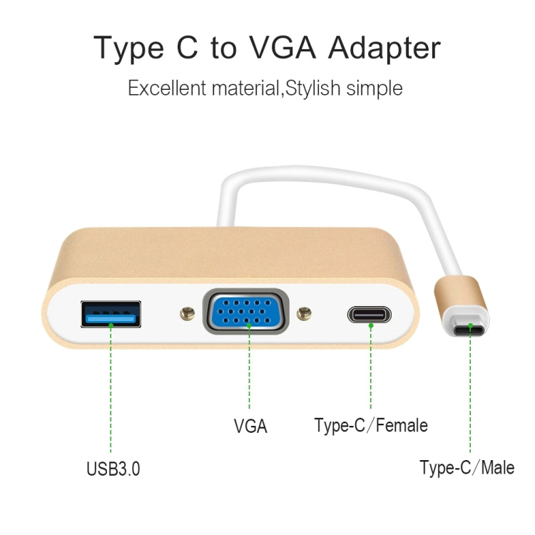 USB Type C to VGA 3-in-1 Hub Adapter supports USB Type C tablets and laptops for Macbook Pro / Google ChromeBook, VGA+USB3.0 to Type-C Gold, VGA+USB3.0 to Type-C Silver