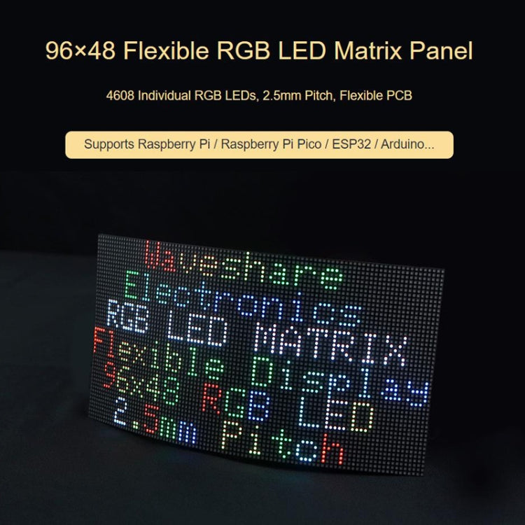 Waveshare Flexible RGB Full-color LED Matrix Panel, 2.5mm Pitch, 96x48 Pixels, Adjustable Brightness Bendable PCB, 23709
