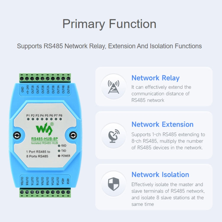 Waveshare RS485-HUB-8P Industrial-grade Isolated 8-ch RS485 Hub, Rail-mount Support, Wide Baud Rate Range