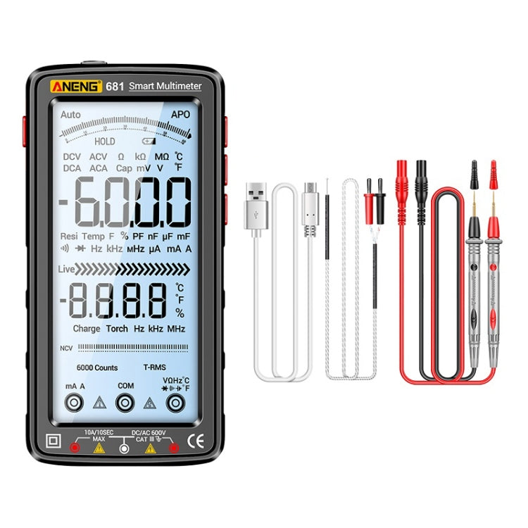 ANENG 681 LCD Digital Display Screen Smart Automatic Range Rechargeable Multimeter, 681 Red, 681 Black