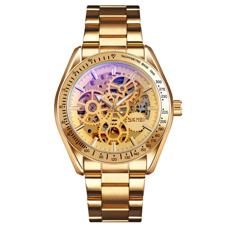 SKMEI 9194 Montre automatique squelette mécanique pour homme, bracelet en acier, noir, argenté, cadran noir doré, or rose, cadran or doré