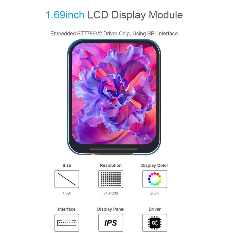 Waveshare 1.69 Inch 240×280 Resolution IPS LCD Display Module With SPI Interface, 1.69 Inch