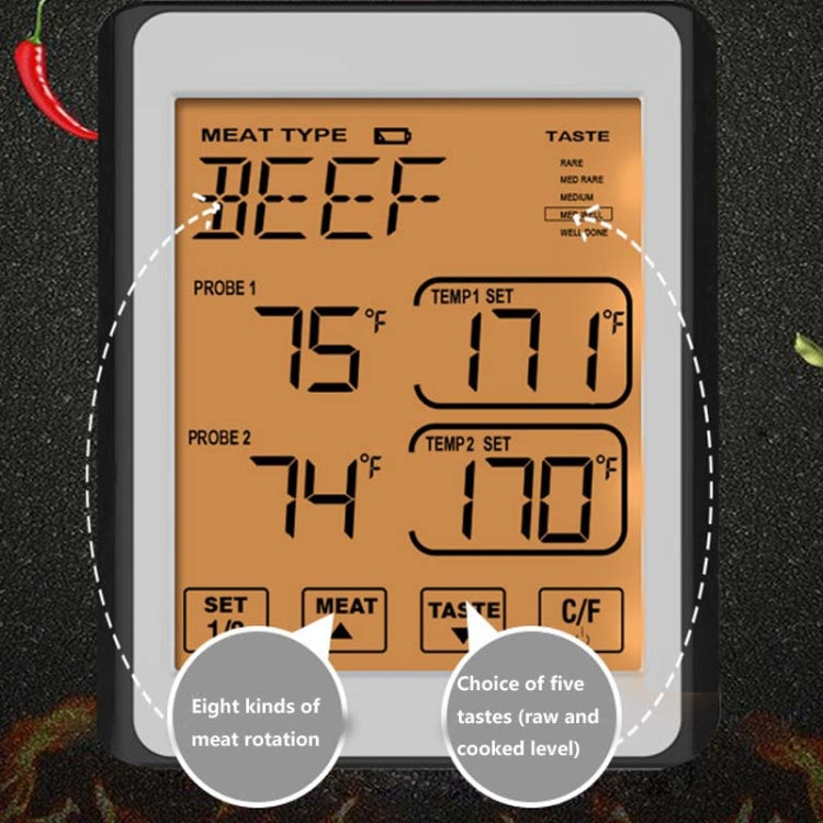 CH-212 Dual Probe Color Screen Smart Alarm Grill Kitchen Thermometer, Colorful Backlight, Orange Backlight